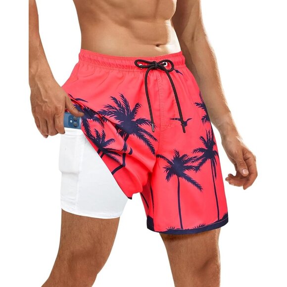 ✨Men Red Swim Trunks Bathing Suits Board Beach Swim with Zipper Pocket Shorts